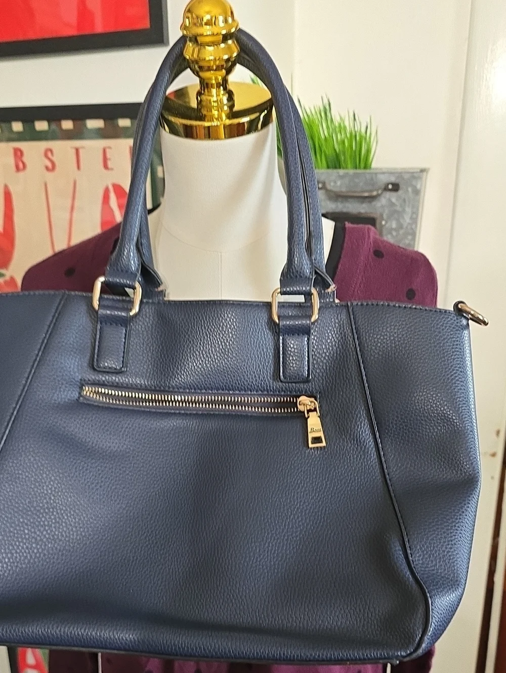 G.H. Bass & Co. Navy Pebbled Leather Satchel with Gold Hardware